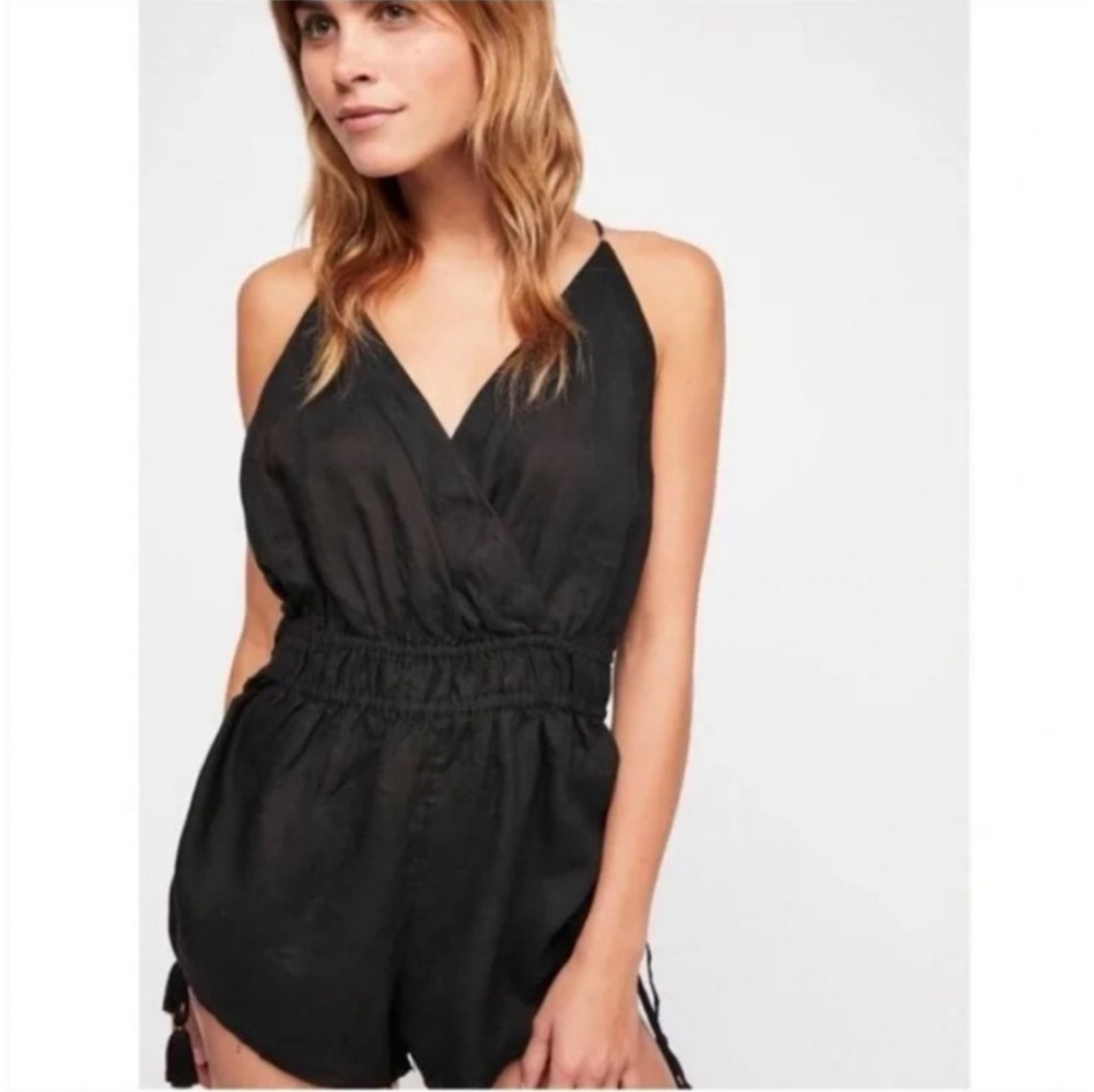 Intimately Free People Black Tassel Linen Strappy Romper Onesie Medium Surplice